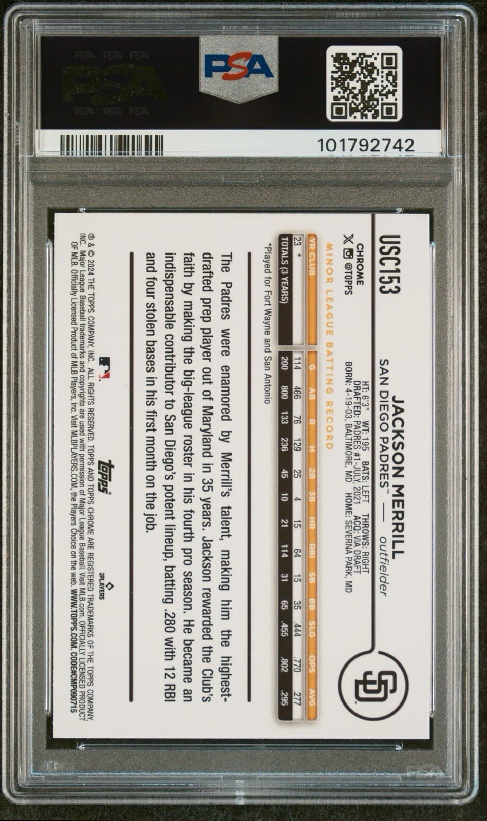 2024 Topps Chrome Update Series - #USC153 Jackson Merrill (RC). PSA 9.