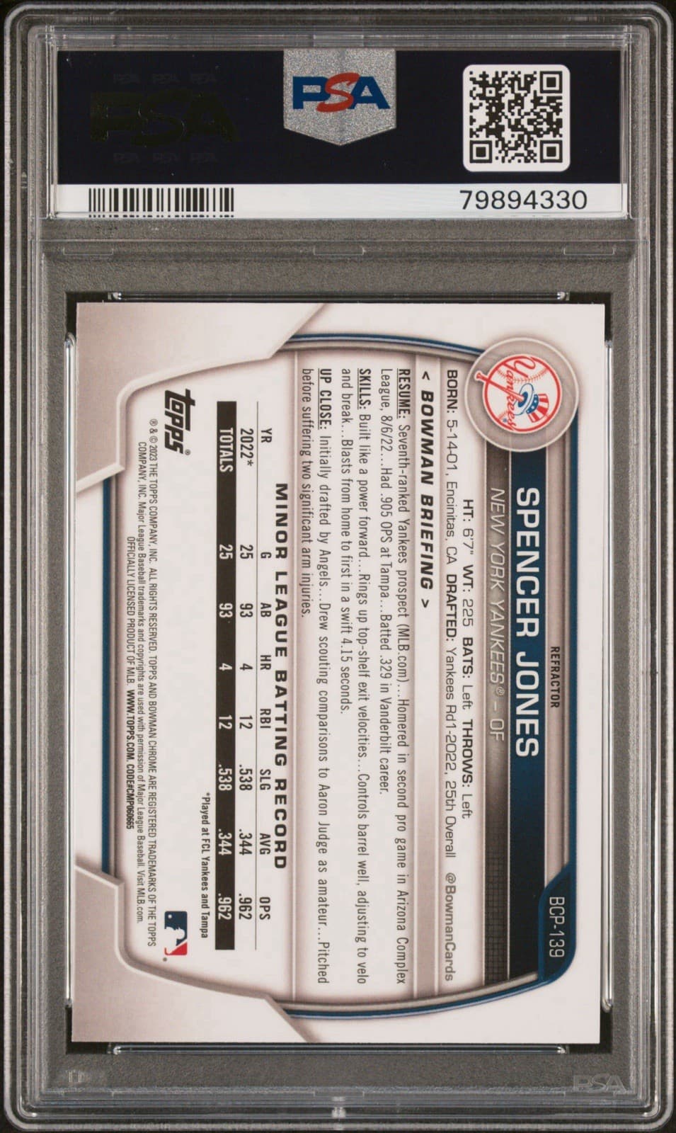 2023 Bowman - Spencer Jones Chrome Prospects Lunar Glow Refractor (RC). PSA 10.