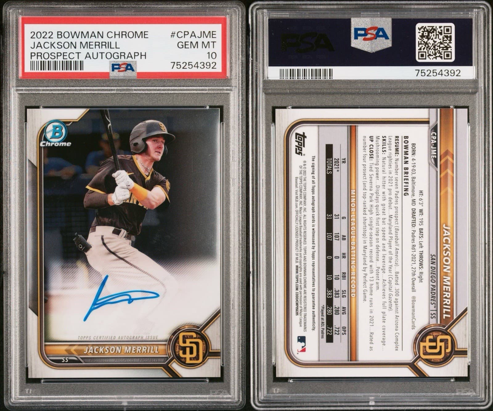 2022 Bowman Chrome - Prospect Autographs Jackson Merrill (RC). #CPA-JME. PSA 10