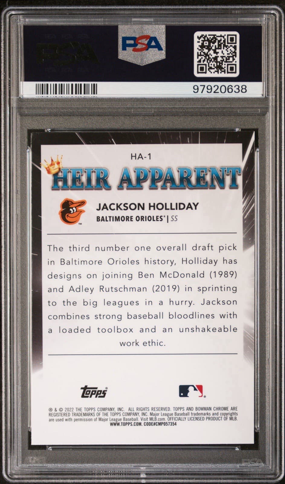 2022 Bowman Draft - Heir Apparent Jackson Holliday #HA-1 (RC). PSA 9 Mint.