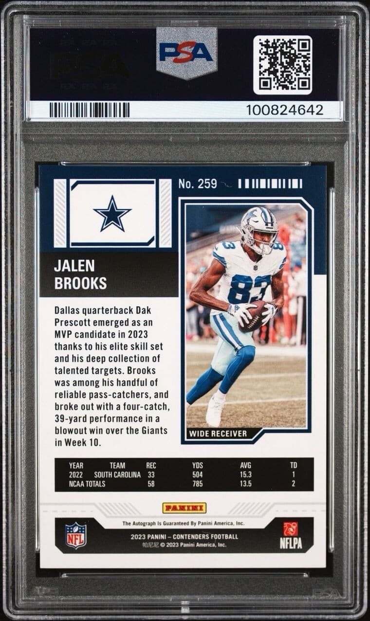 2023 Contenders Jalen Brooks Auto Cracked Ice Rookie Ticket 21/23. PSA 9. Pop 1!