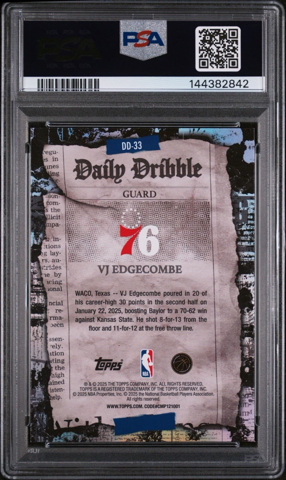 2025 Topps VJ Edgecombe (RC) #DD-33 THE Daily Dribble. PSA 9 MINT