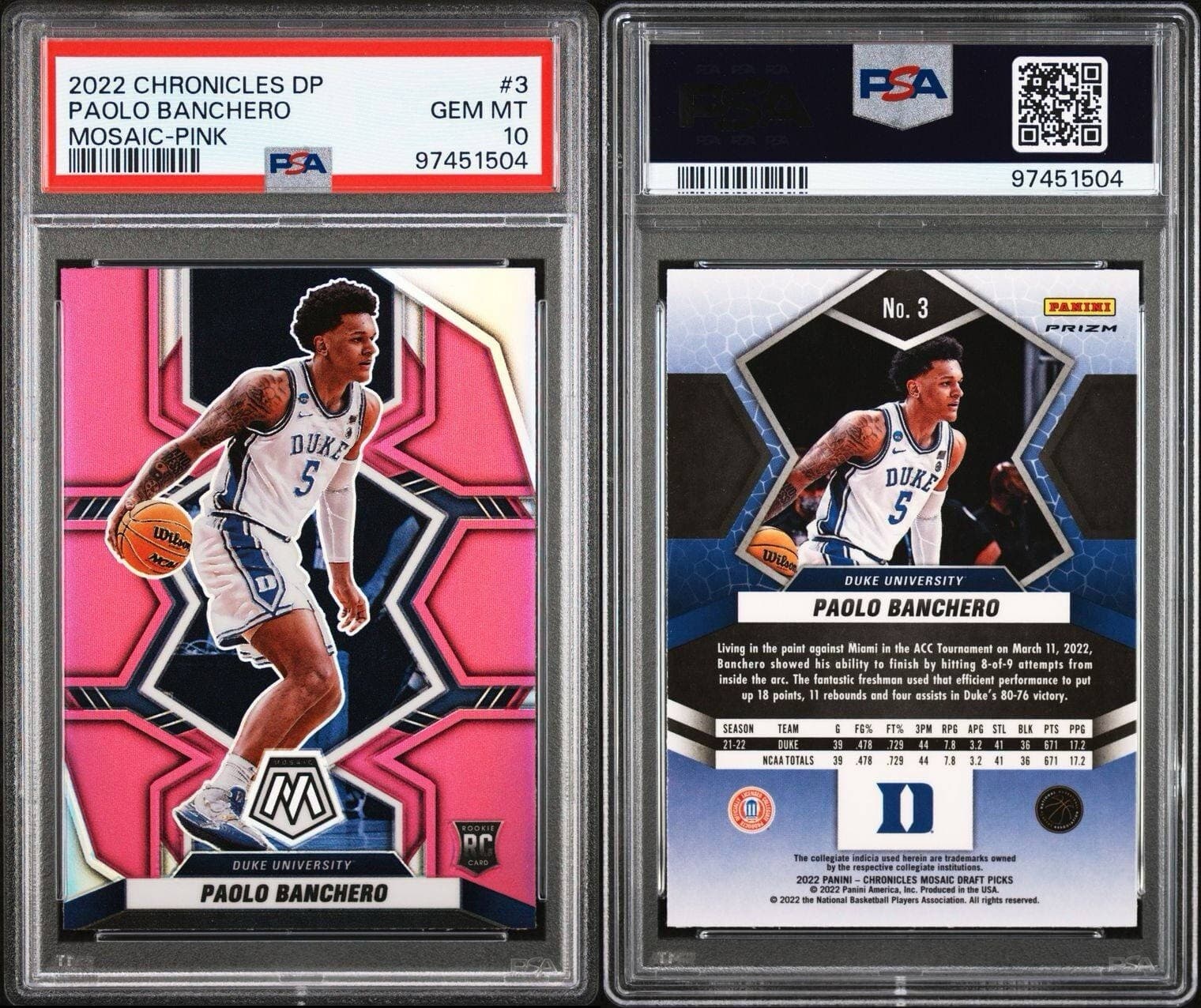 2022 Chronicles Draft Picks - Mosaic Pink #3 Paolo Banchero (RC). PSA 10. Pop 13