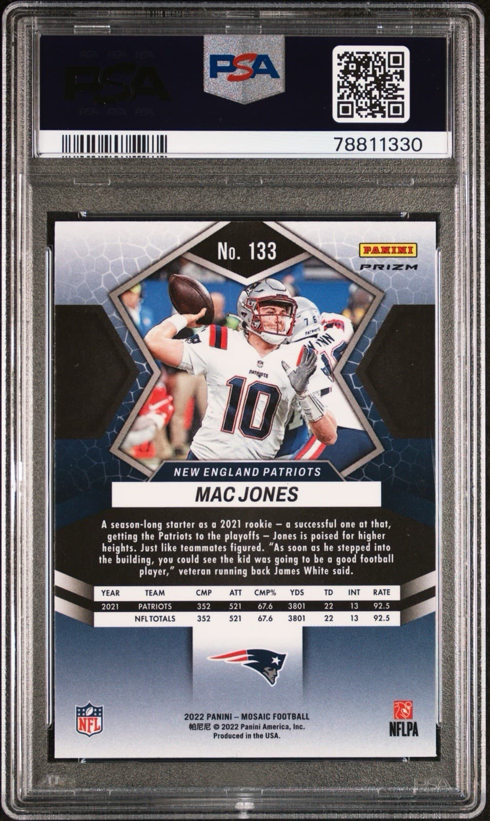 2022 Panini Mosaic Mac Jones #133- Camo Pink Mosaic Prizm. PSA 10 GEM MT. Pop 9!