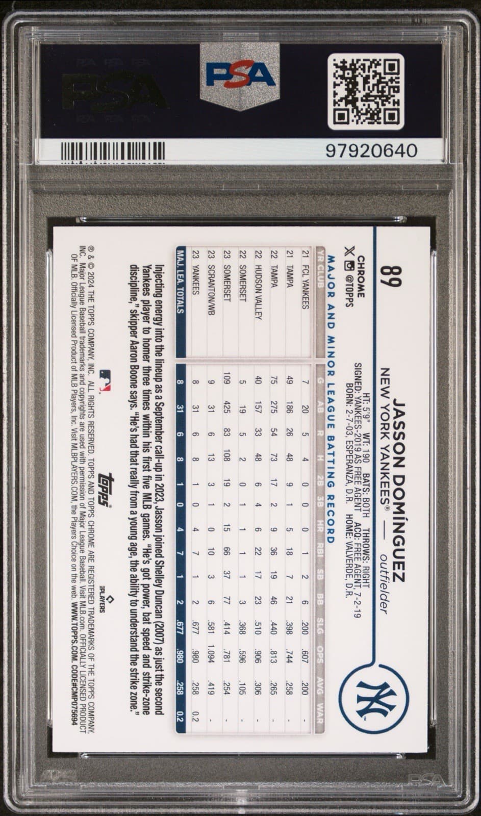 2024 Topps Chrome - Jasson Dominguez #89 Prism Refractor (RC). PSA 10 GEM MT.