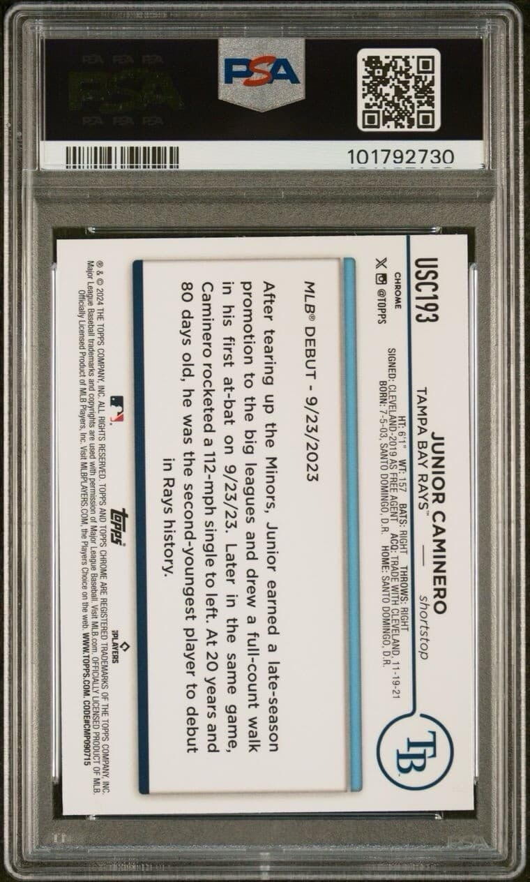 2024 Topps Chrome Update Series - Rookie Debut #USC193 Junior Caminero. PSA 9