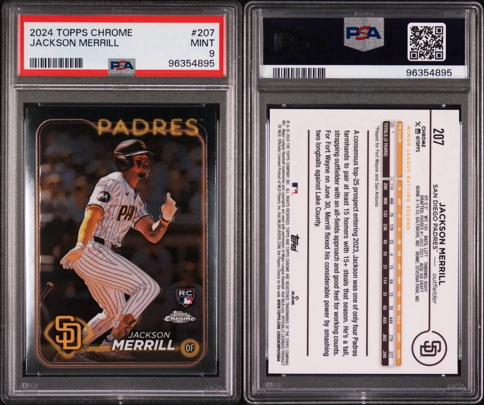 2024 Topps Chrome - Jackson Merrill #207 (RC). PSA 9 Mint