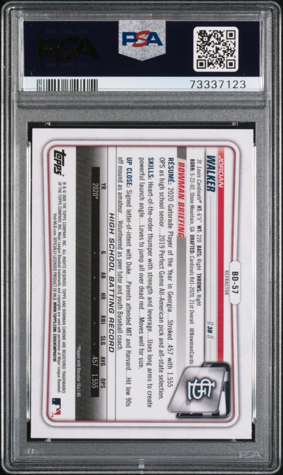 2020 Bowman Draft - Jordan Walker #BD-57 Chrome - Refractor (RC). PSA 10 GEM MT