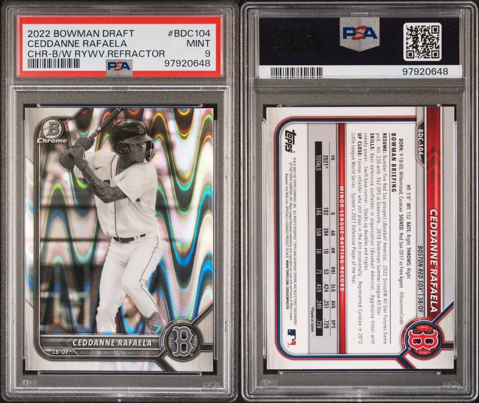 2022 Bowman Draft - Chrome B&W RayWave Refractor Ceddanne Rafaela. PSA 9. Pop 3!