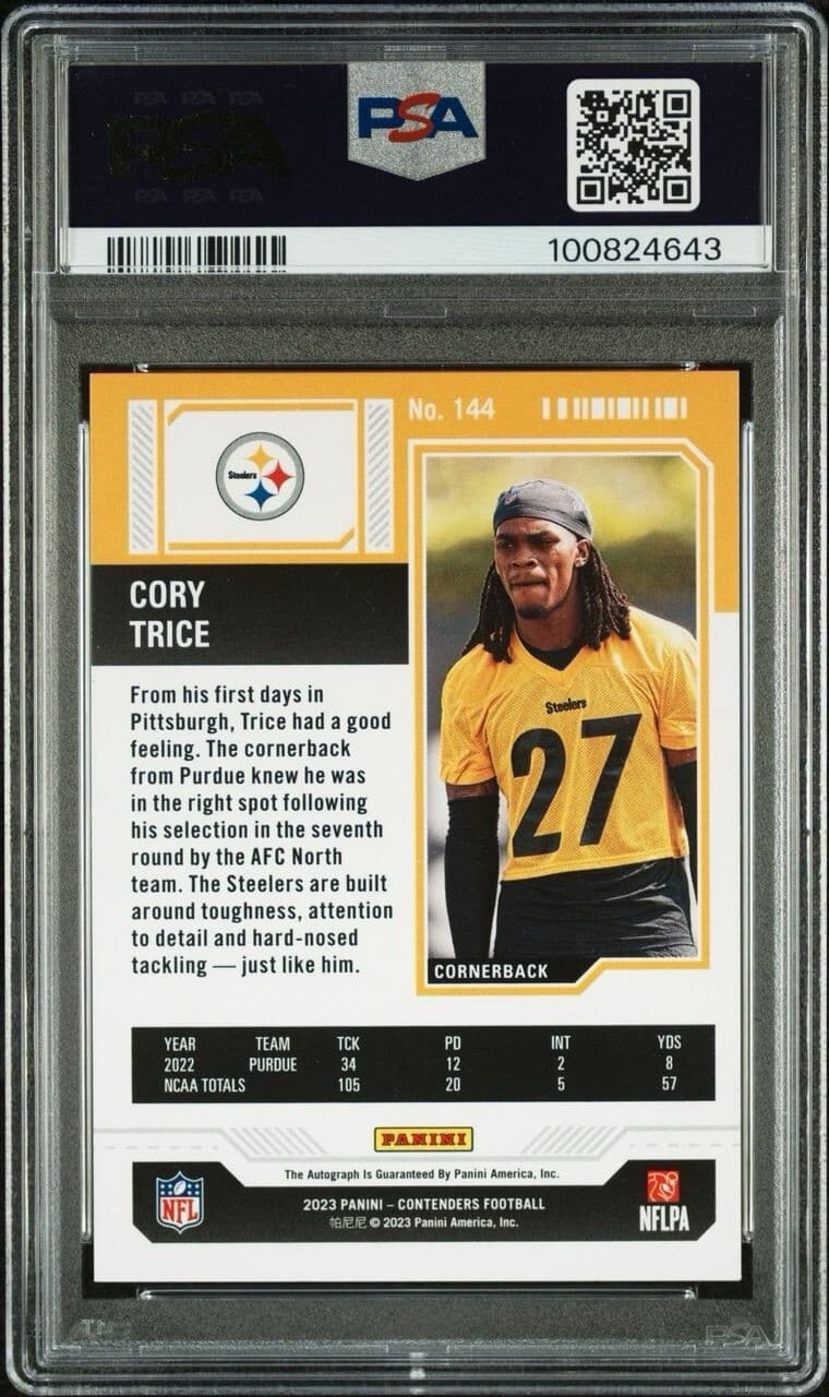 2023 Contenders Midfield Ticket Auto Cory Trice 1/50 First On Print PSA 9. Pop 1