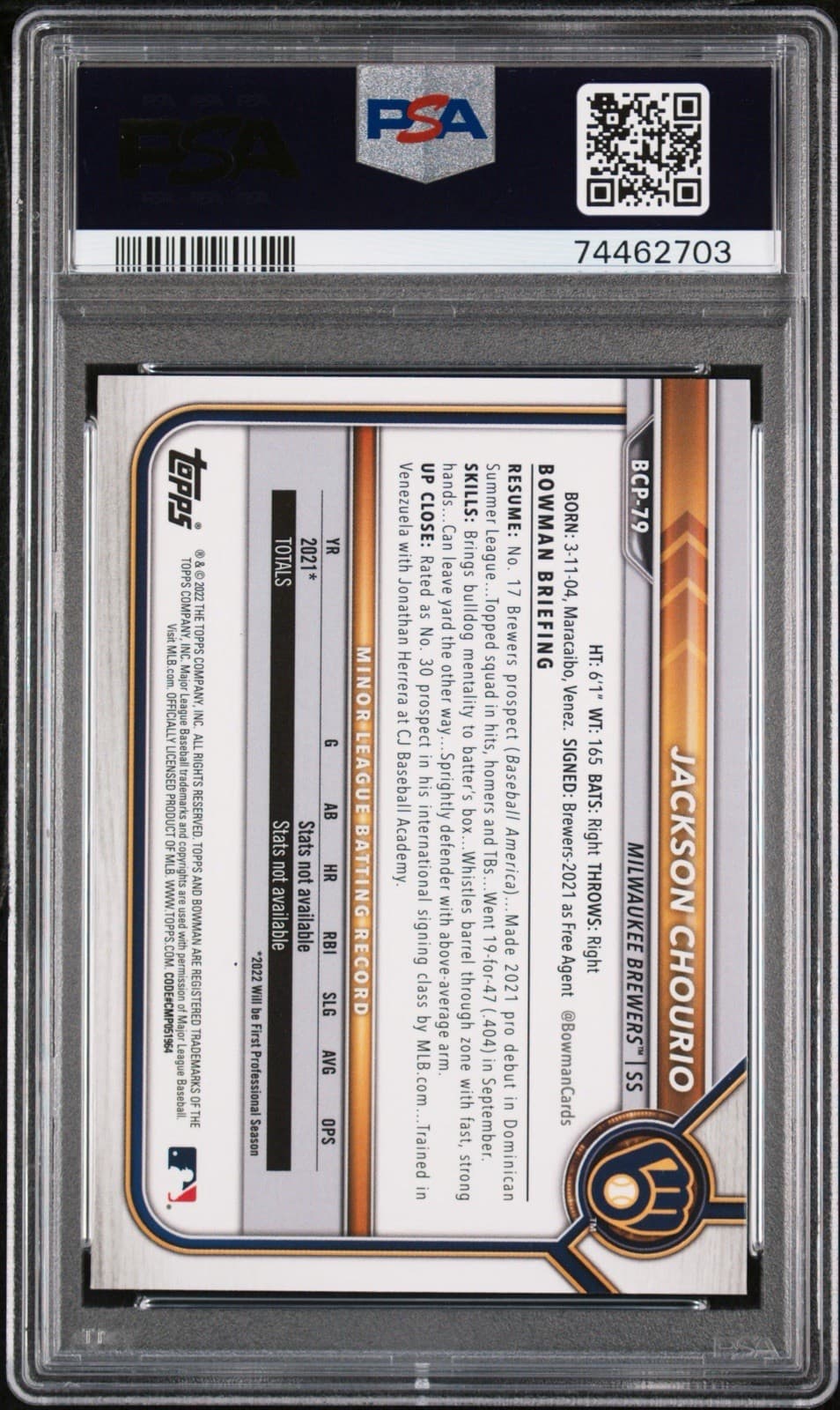 2022 Bowman Sapphire - Chrome Prospects Jackson Chourio #BCP-79 (RC). PSA 10!