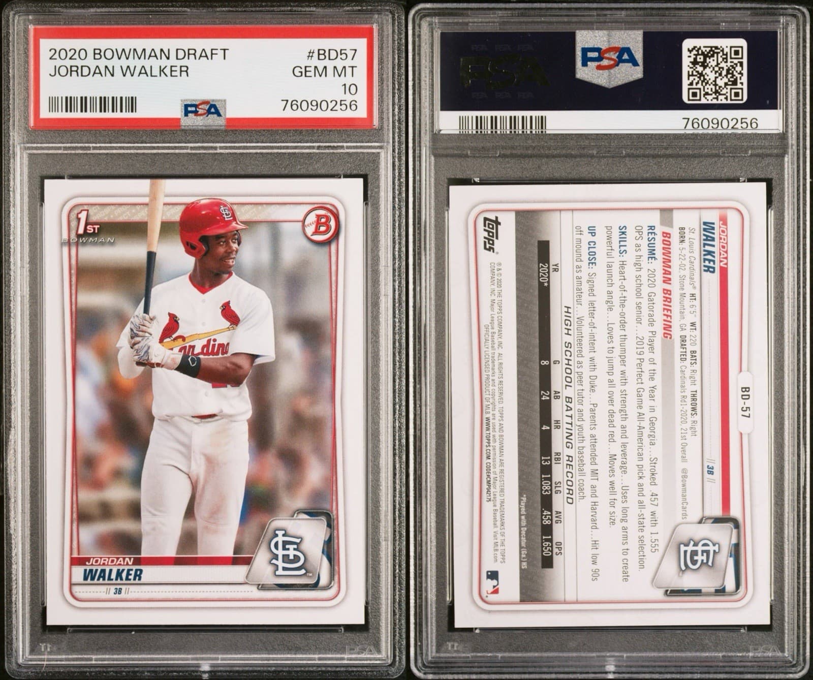 2020 Bowman Draft - Jordan Walker #BD-57 (RC). PSA 10 GEM MT.