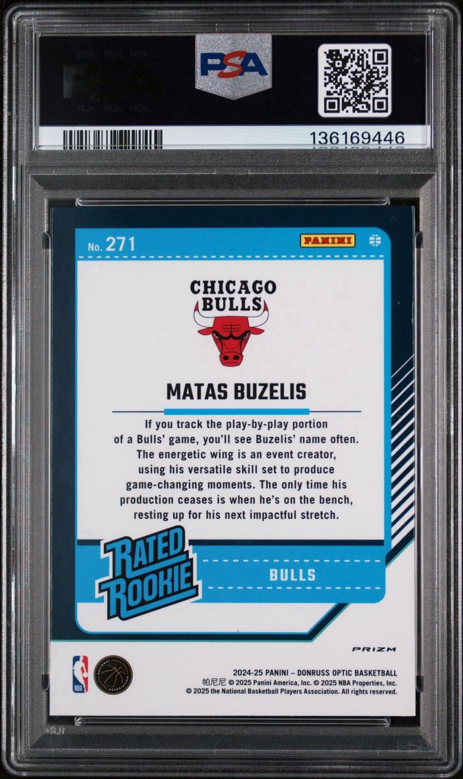 2024 Donruss Optic - Rated Rookie Matas Buzelis #271 Purple Shock (RC). PSA 8