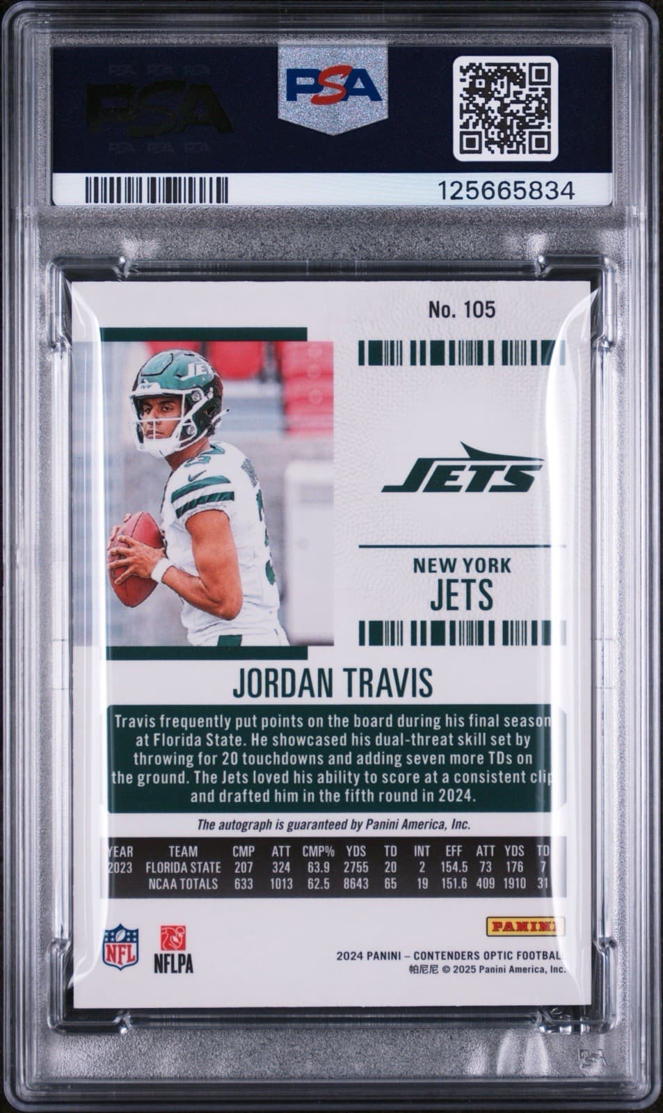 2024 Contenders Optic JORDAN TRAVIS RC Rookie Ticket Autograph (on card). PSA 9