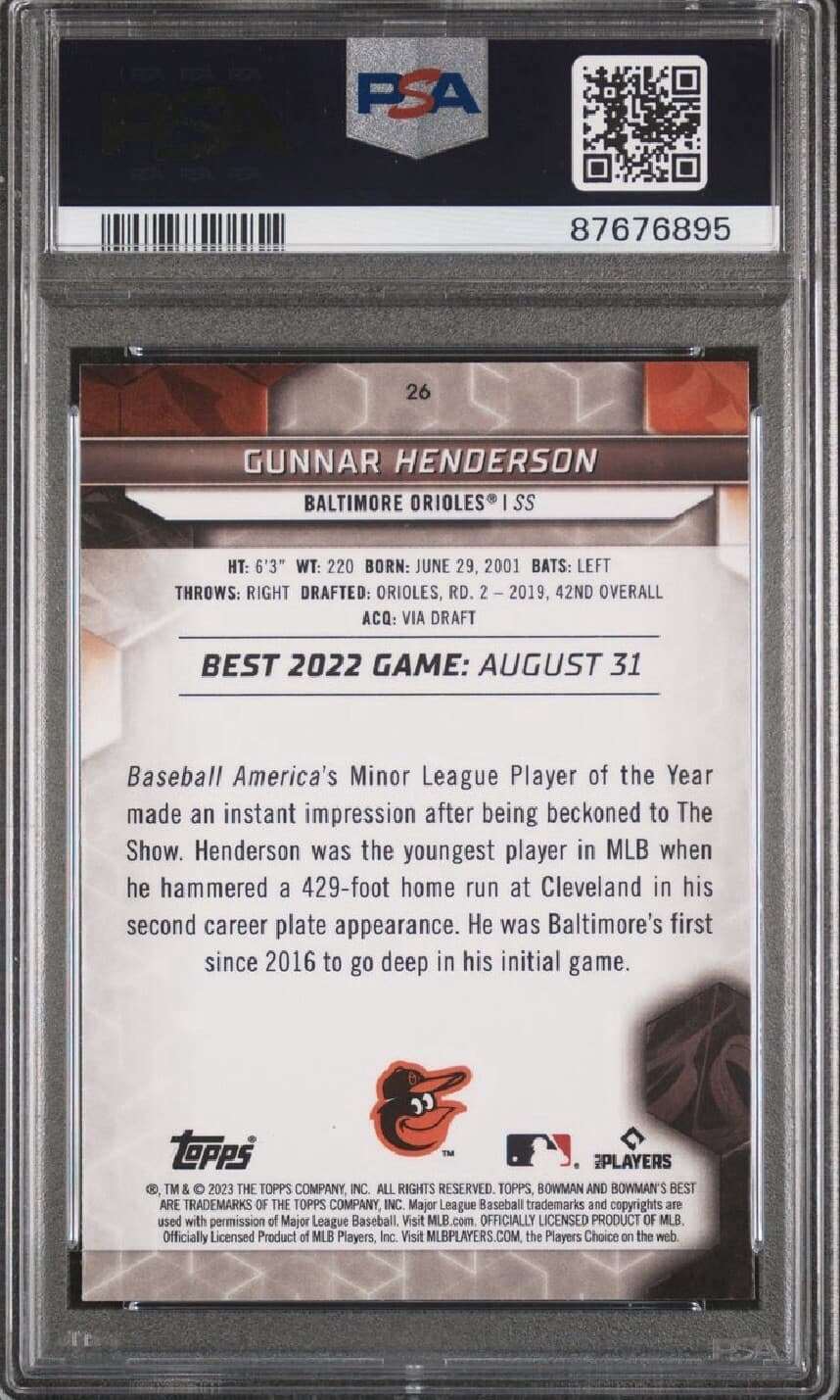 2023 Bowman's Best #26 Gunnar Henderson (RC). PSA 9
