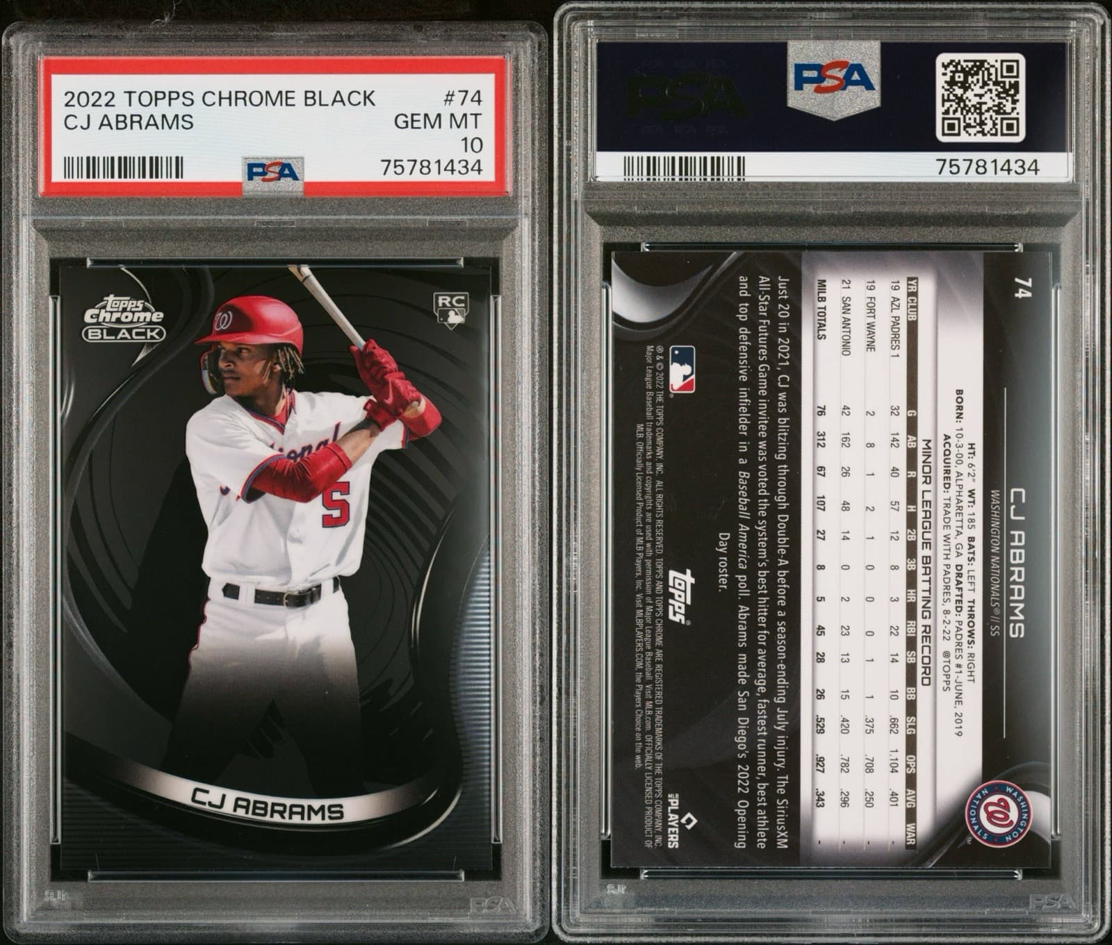 2022 Topps Chrome Black - #74 CJ Abrams (RC). PSA 10. Pop 18!