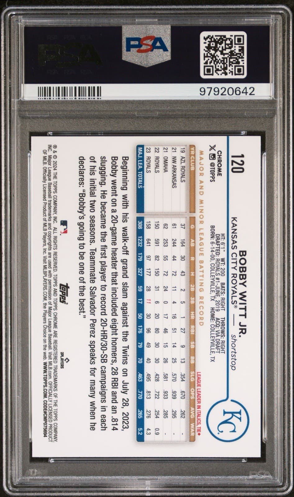 2024 Topps Chrome - Bobby Witt Jr. #120. PSA 8.