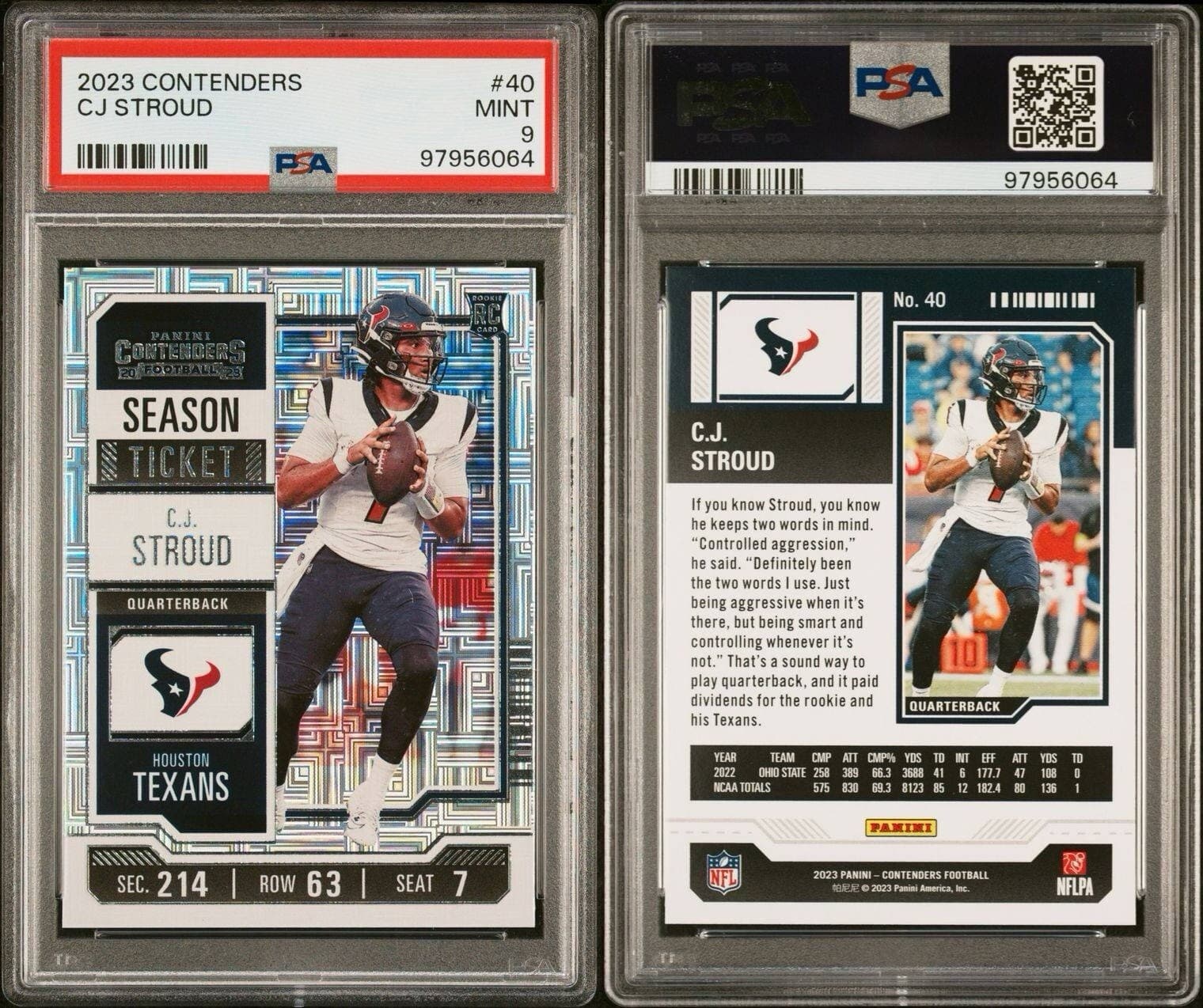 2023 Panini Contenders - Season Ticket #40 C.J. Stroud (RC). PSA 9.