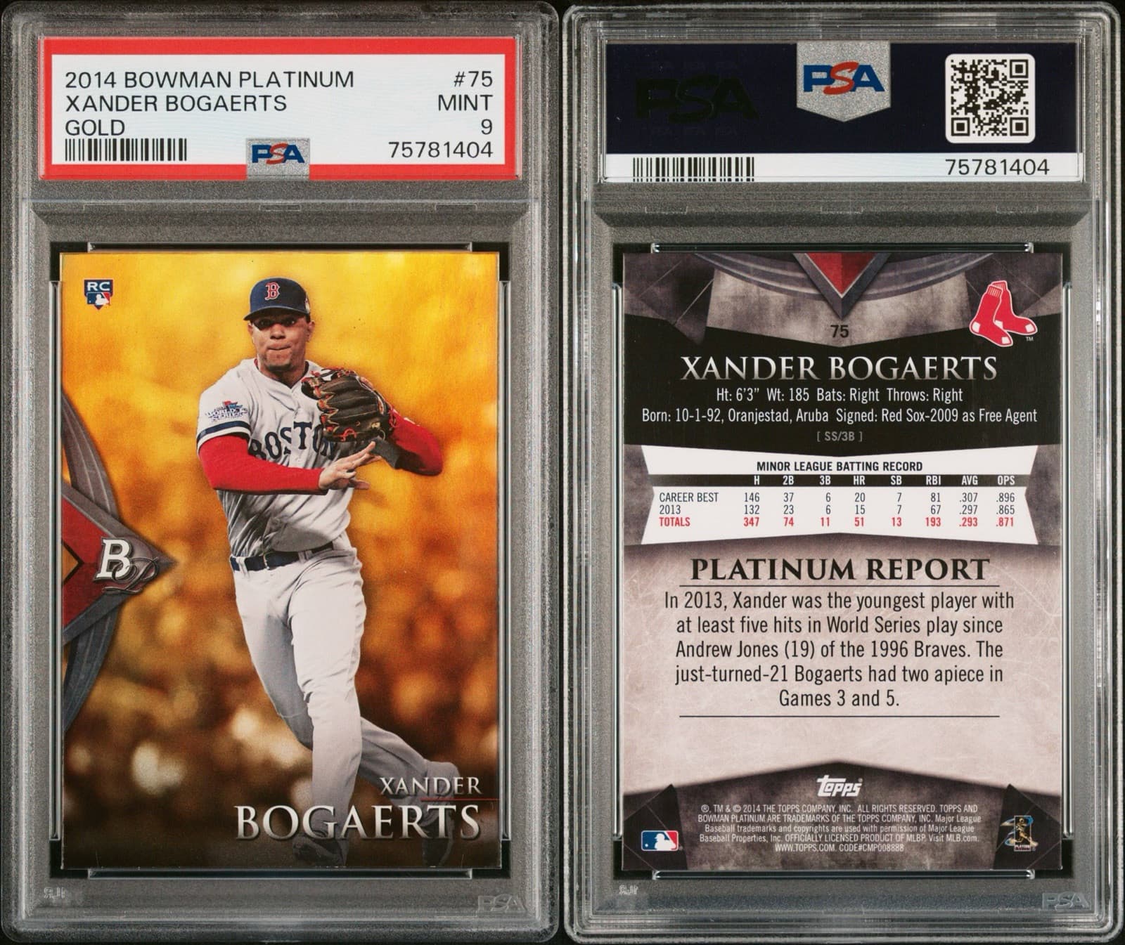 2014 Bowman Platinum - Gold #75 Xander Bogaerts (RC). PSA 9. Pop 6