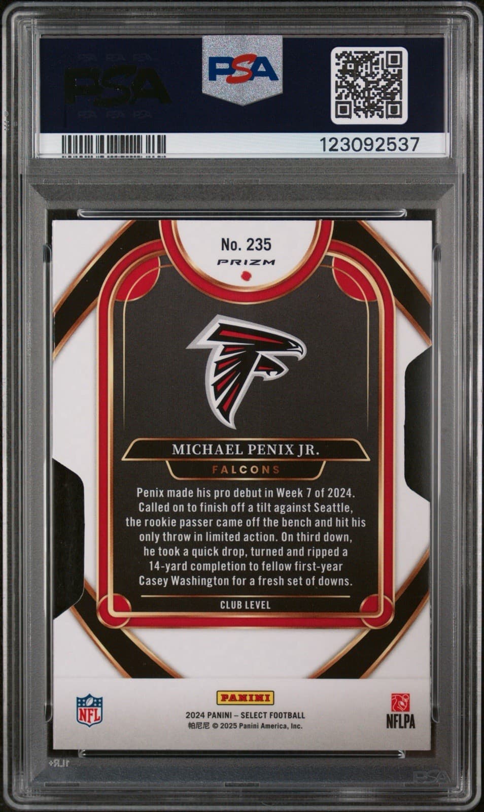 2024 Select - Club Level Michael Penix Jr. #235 Silver Prizm Die-Cut (RC). PSA 8