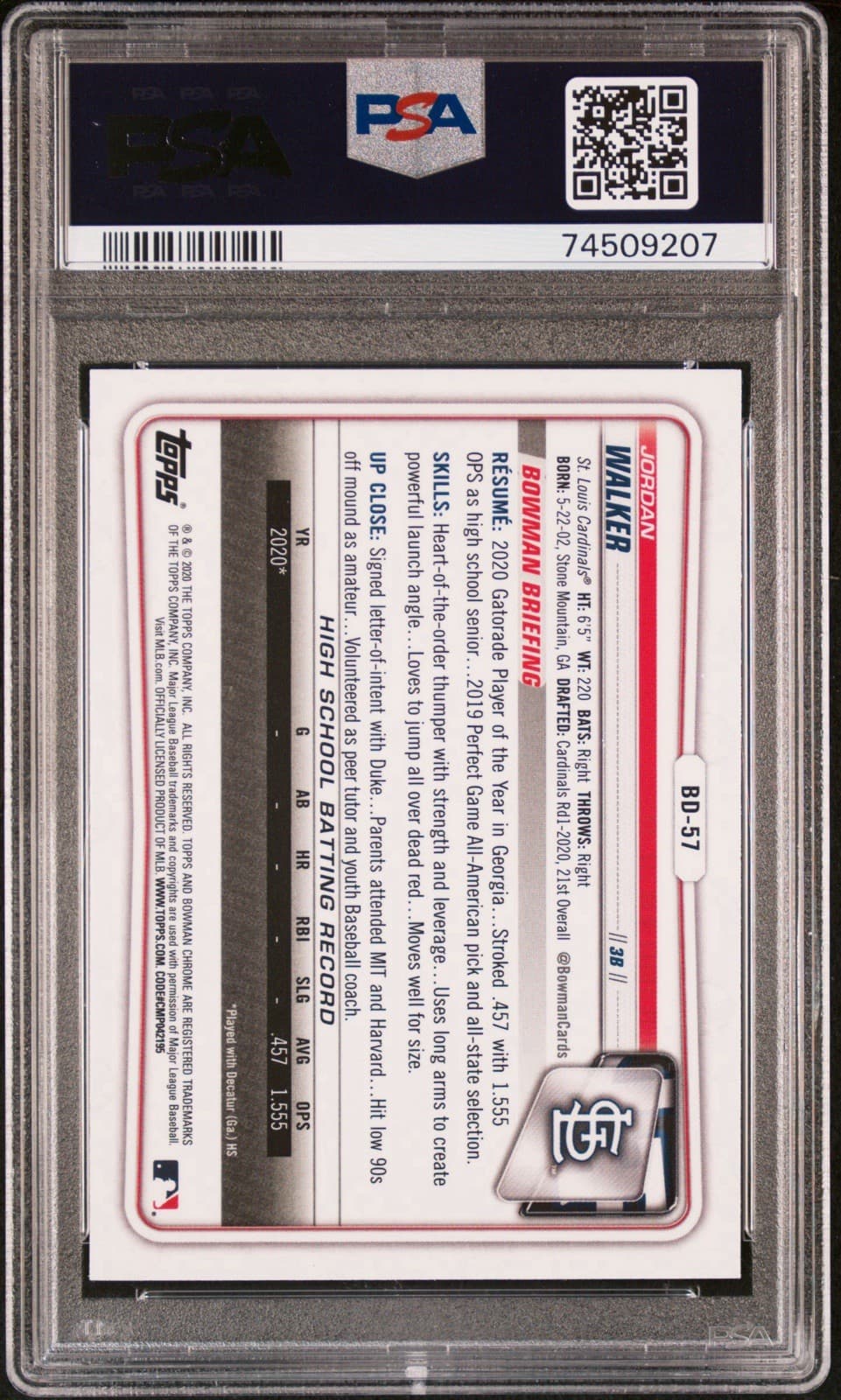 2020 Bowman Draft - Chrome Jordan Walker #BD-57 (RC). PSA 10 GEM MT.