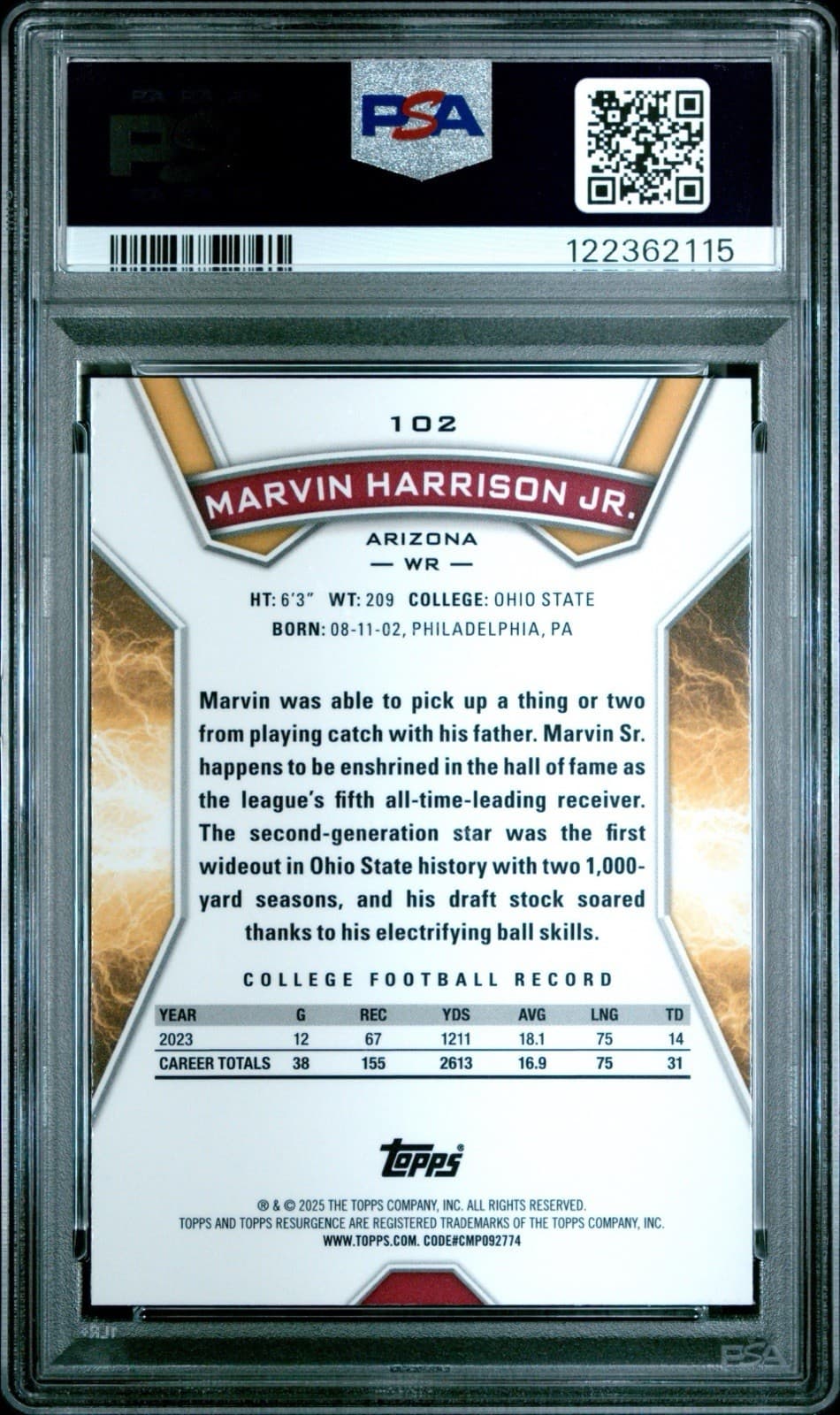 2024 Topps Resurgence - Marvin Harrison Jr. (RC) #102. PSA 10 GEM MINT. Pop 12!