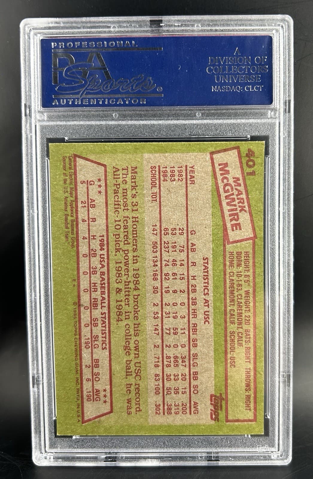 1985 Topps Mark McGwire (RC) USA Baseball Team #401. PSA 6 EX - MT