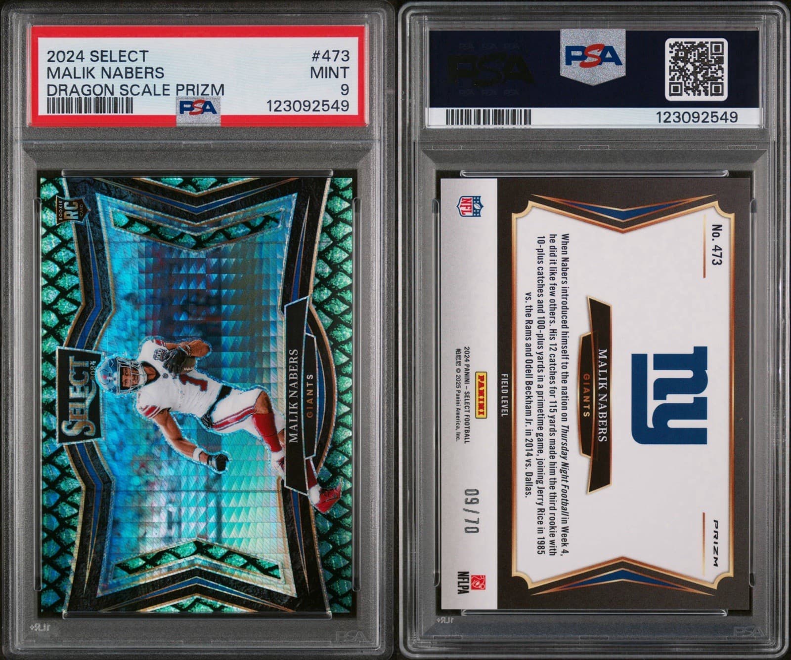 2024 Select - Field Level Malik Nabers (RC) #473 Dragon Scale Prizm /70. PSA 9
