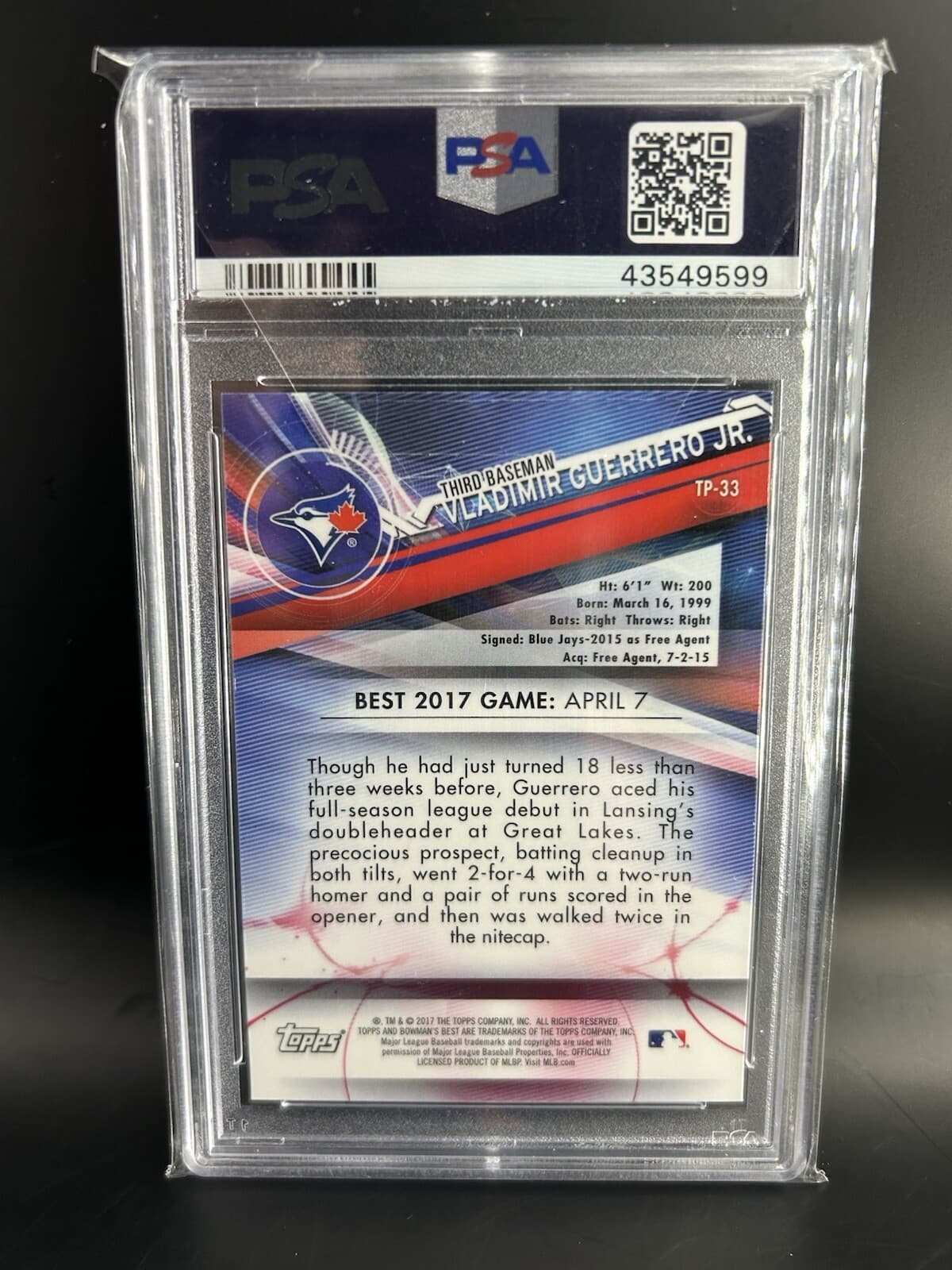 2017 Bowman's Best - Top Prospects #TP-33 Vladimir Guerrero Jr. (RC). PSA 10.