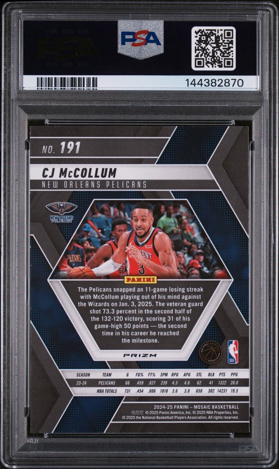 2024-25 PANINI MOSAIC CJ MCCOLLUM #191 GENESIS PRIZM. CASE HIT SSP. PSA 9 MINT