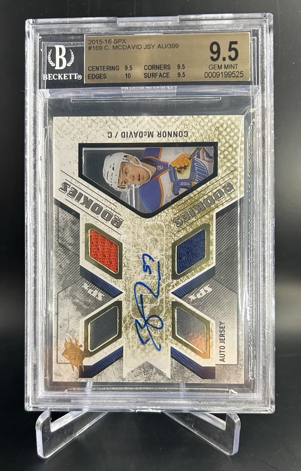 2015-16 SPx Rookie Auto Jersey Connor McDavid /399. BGS 9.5 Gem Mint+ w/10 Auto