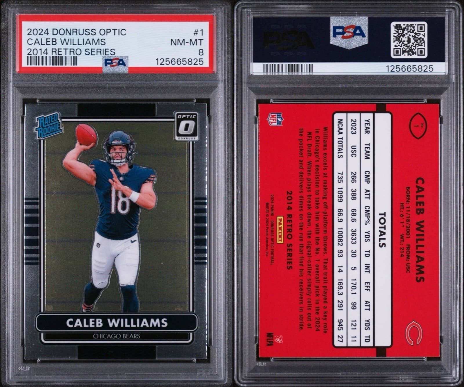 2024 Panini Donruss Optic - 2014 Retro Series Caleb Williams #1 (RC). PSA 8