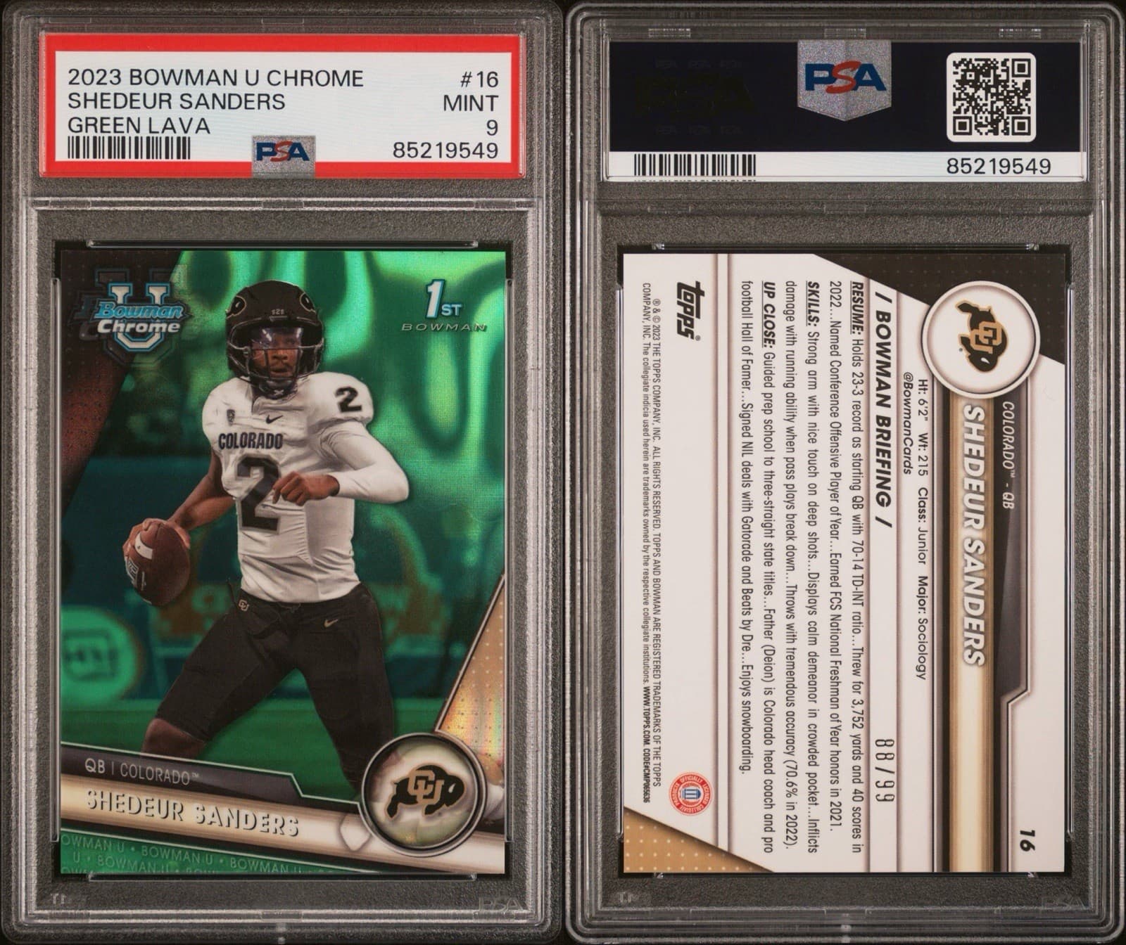 2023 Bowman U Chrome - Shedeur Sanders #16 Green Lava Refractor /99. PSA 9 MINT