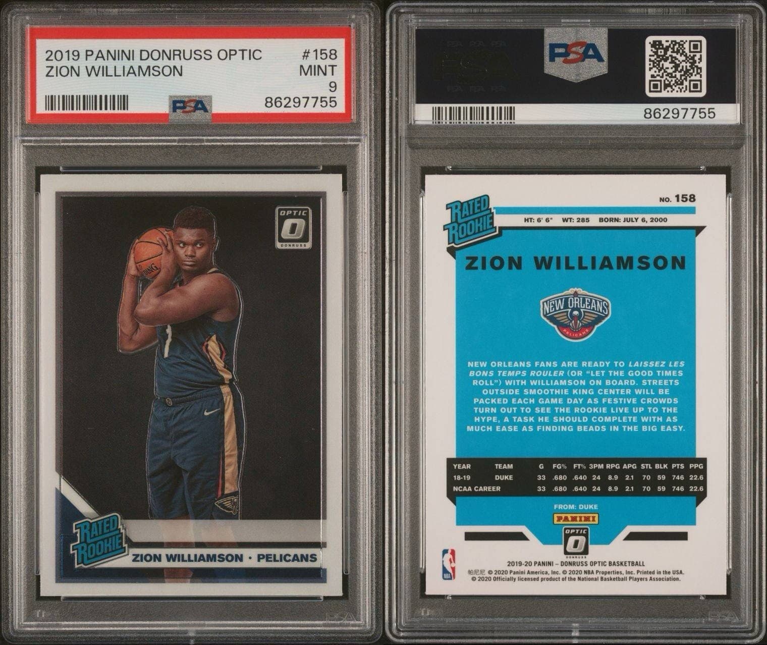 2019-20 Panini Donruss Optic - Rated Rookie #158 Zion Williamson (RC). PSA 9.