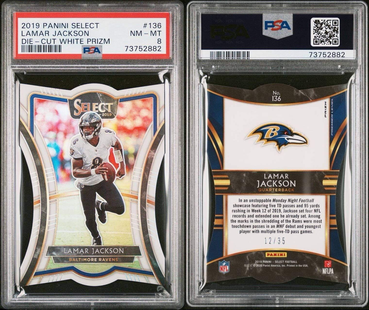 2019 Panini Select Lamar Jackson #136 Die-Cut White Prizm. 12/35. PSA 8. Pop 1.