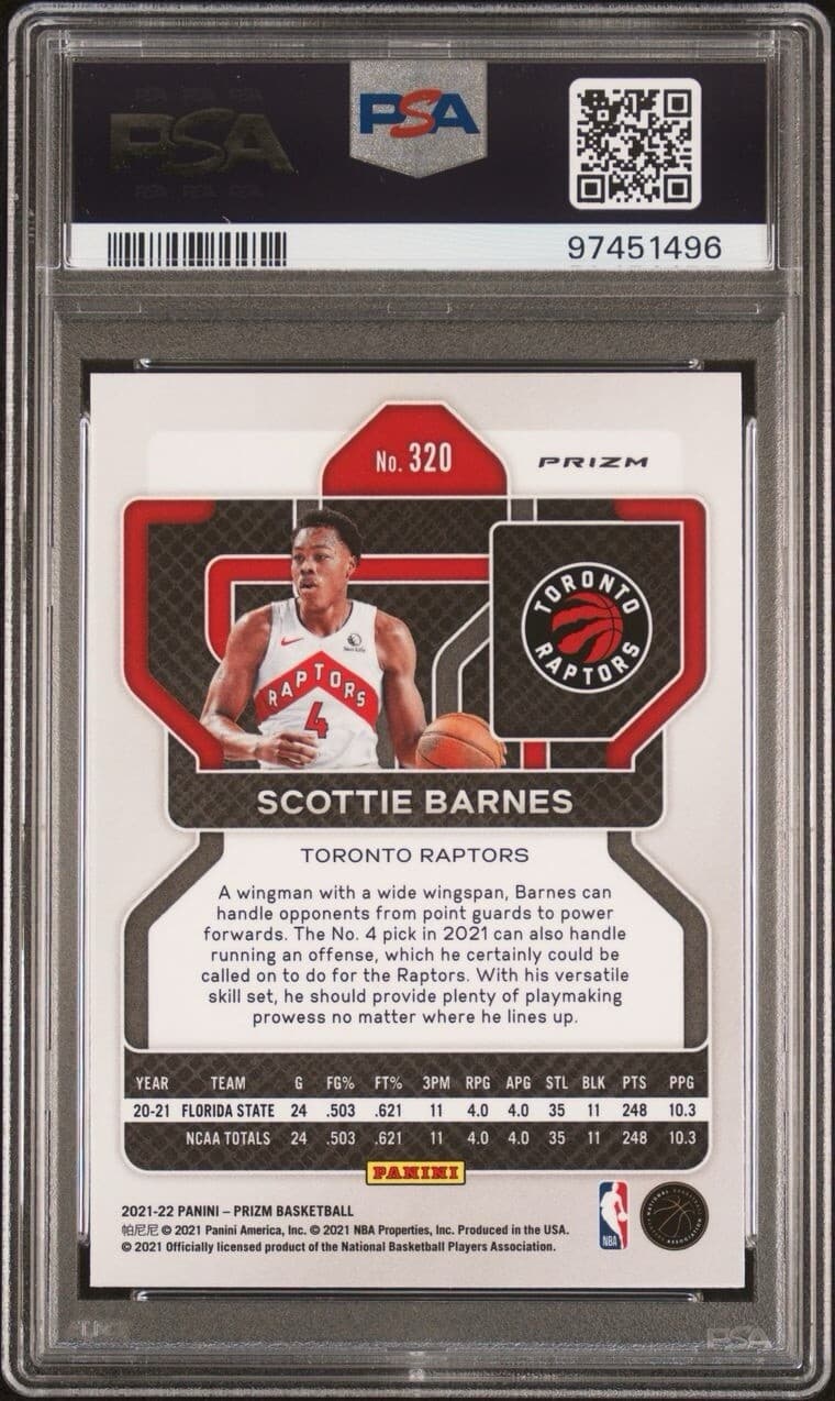 2021-22 Panini Prizm - Ruby Wave Prizm #320 Scottie Barnes (RC). PSA 9. 