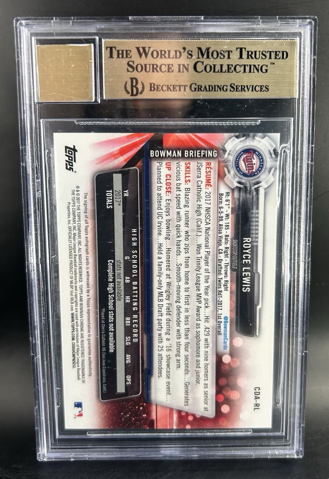 2017 Bowman Chrome Draft Pick Autographs - Royce Lewis (RC) #CDA-RL. BGS 9.5/10