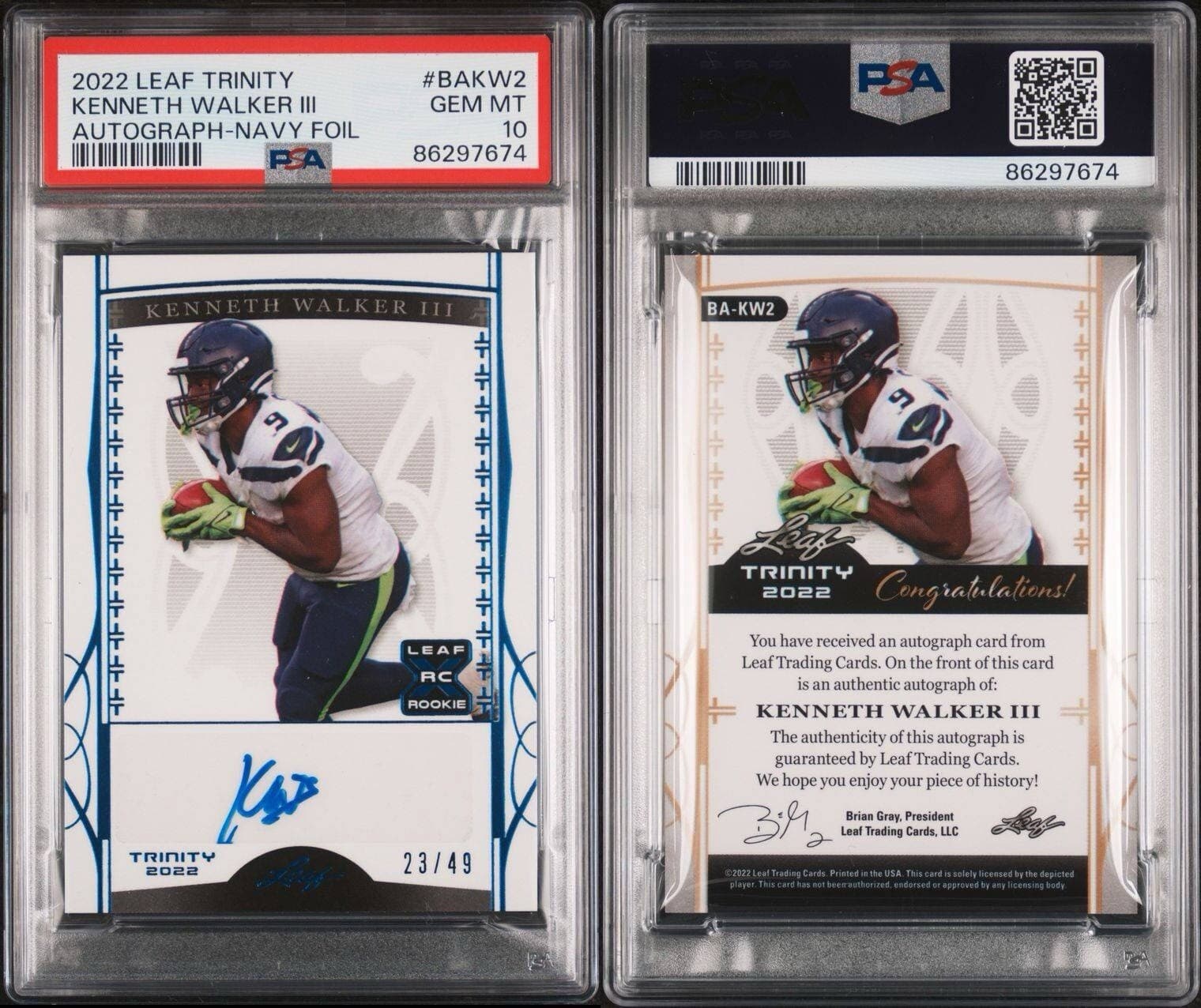 2022 Leaf Trinity Keneth Walker Autograph Navy Foil /49 #BAKW2 PSA 10. Pop 3