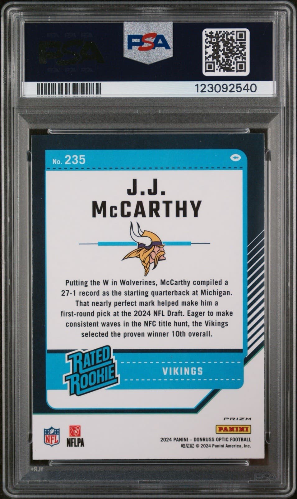 2024 Panini Donruss Optic - Rated Rookie J.J. McCarthy #235 Red Mojo (RC). PSA 7
