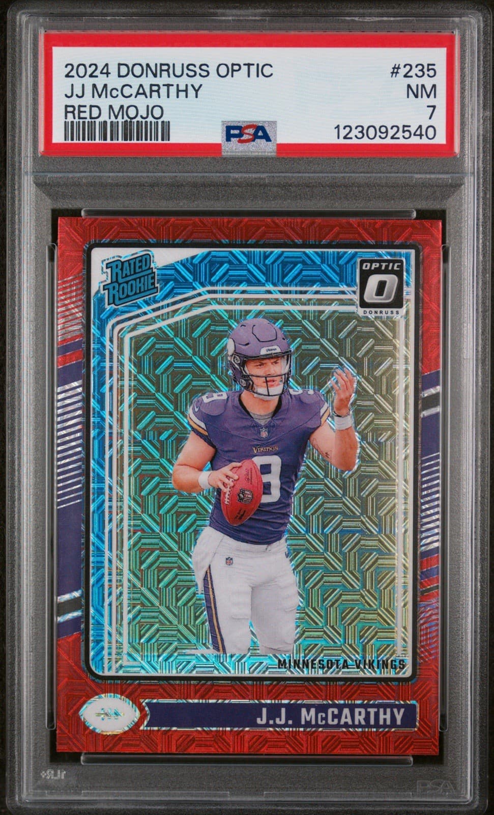 2024 Panini Donruss Optic - Rated Rookie J.J. McCarthy #235 Red Mojo (RC). PSA 7