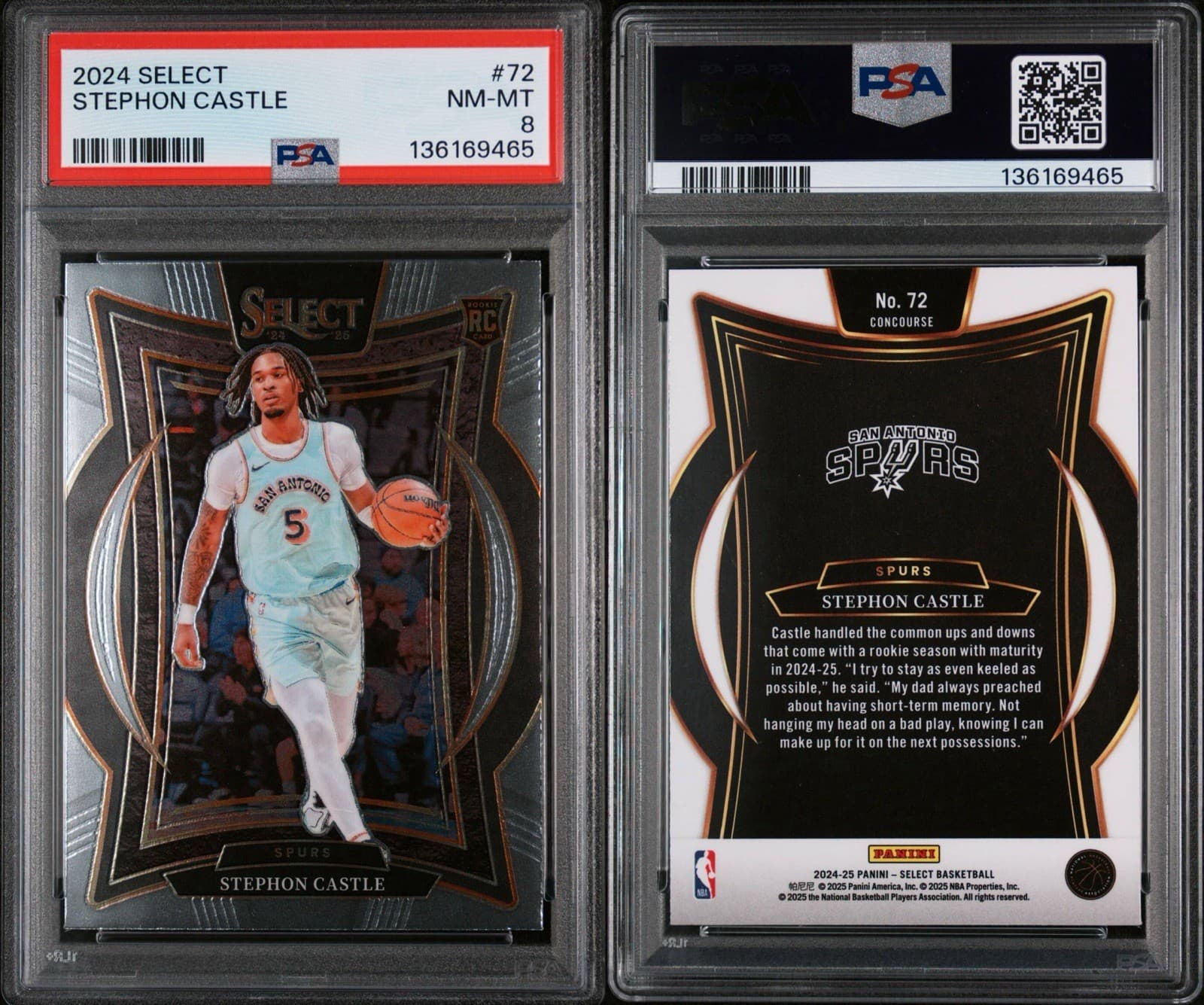 2024-25 Panini Select - Concourse Stephon Castle #72 (RC). PSA 8 NM - MT