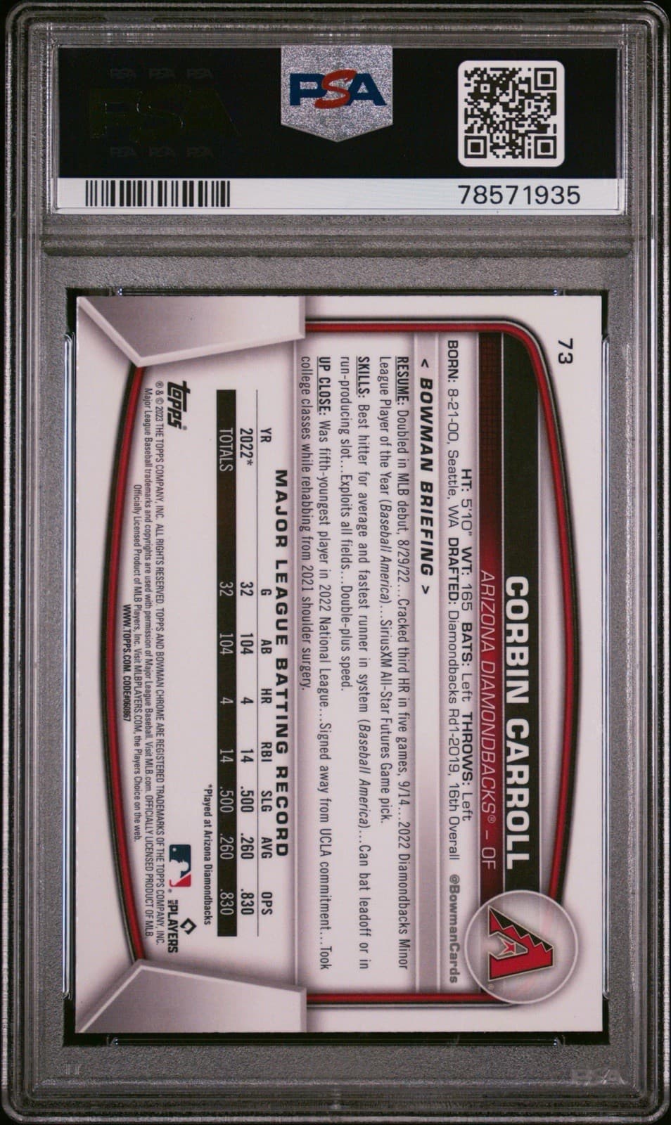 2023 Bowman Chrome Mojo Refractor Corbin Carroll (RC) #73. PSA 10 - GEM MT.