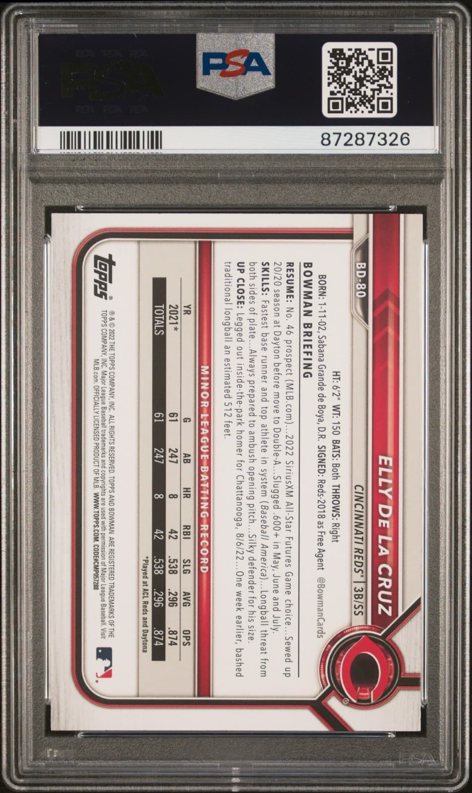 2022 Bowman Draft - Elly De La Cruz #BD-80 (RC). PSA 10 GEM MT.