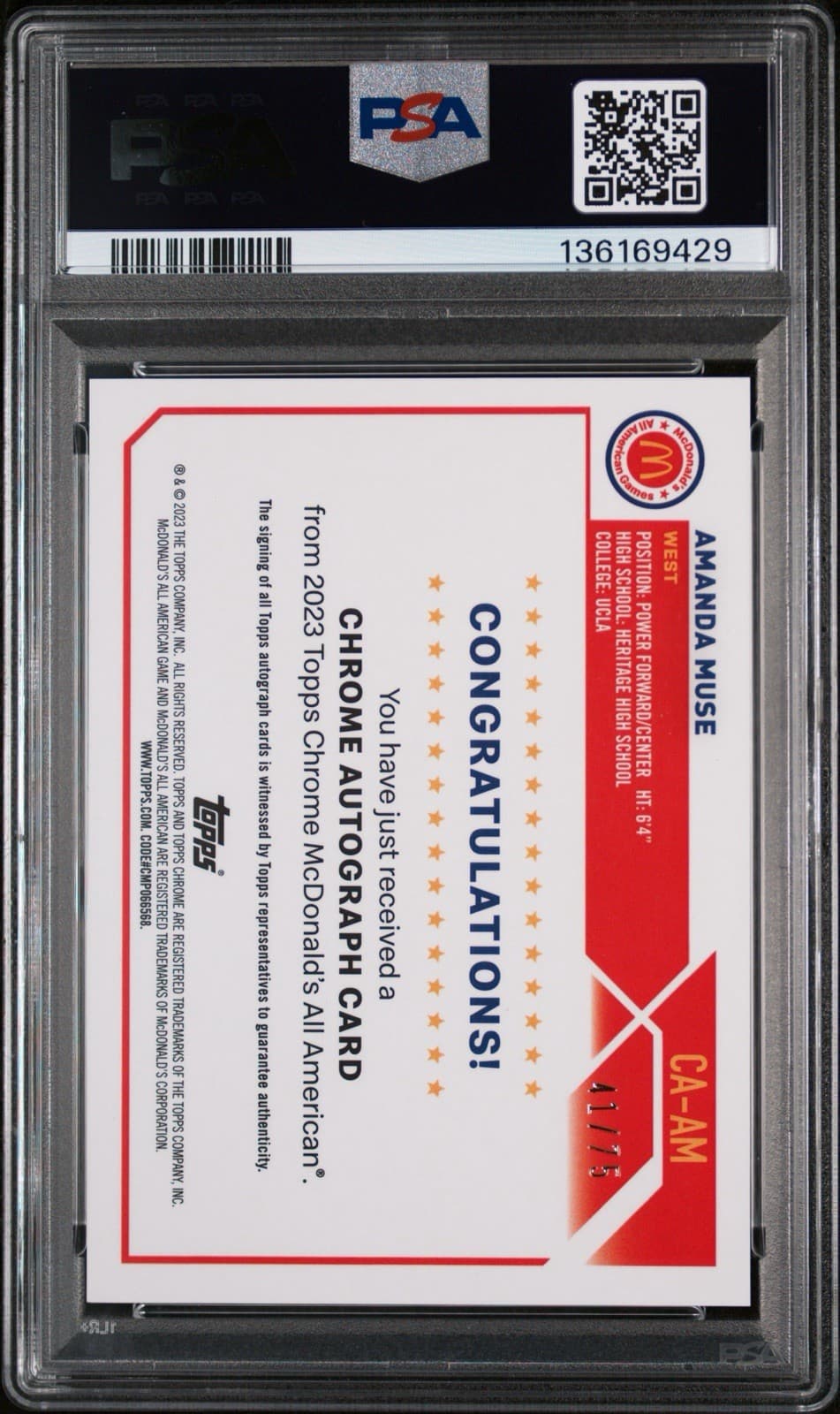 2023 Topps Chrome McDonald's AA Amanda Muse. Auto-Yellow Ref /75. PSA 10. Pop 1!