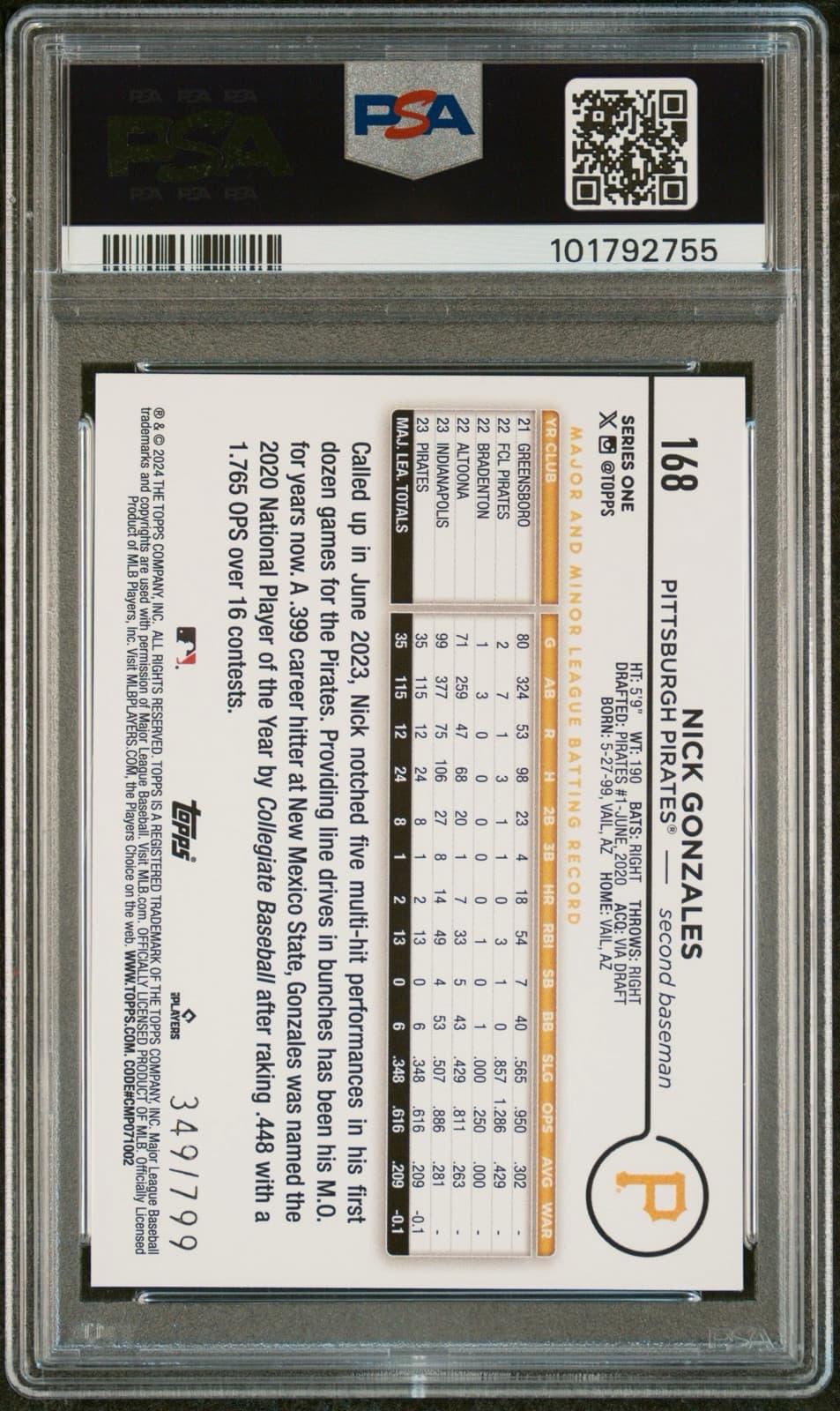 2024 Topps Series 1 Purple Holofoil #168 Nick Gonzales /799 (RC). PSA 10. Pop 3!