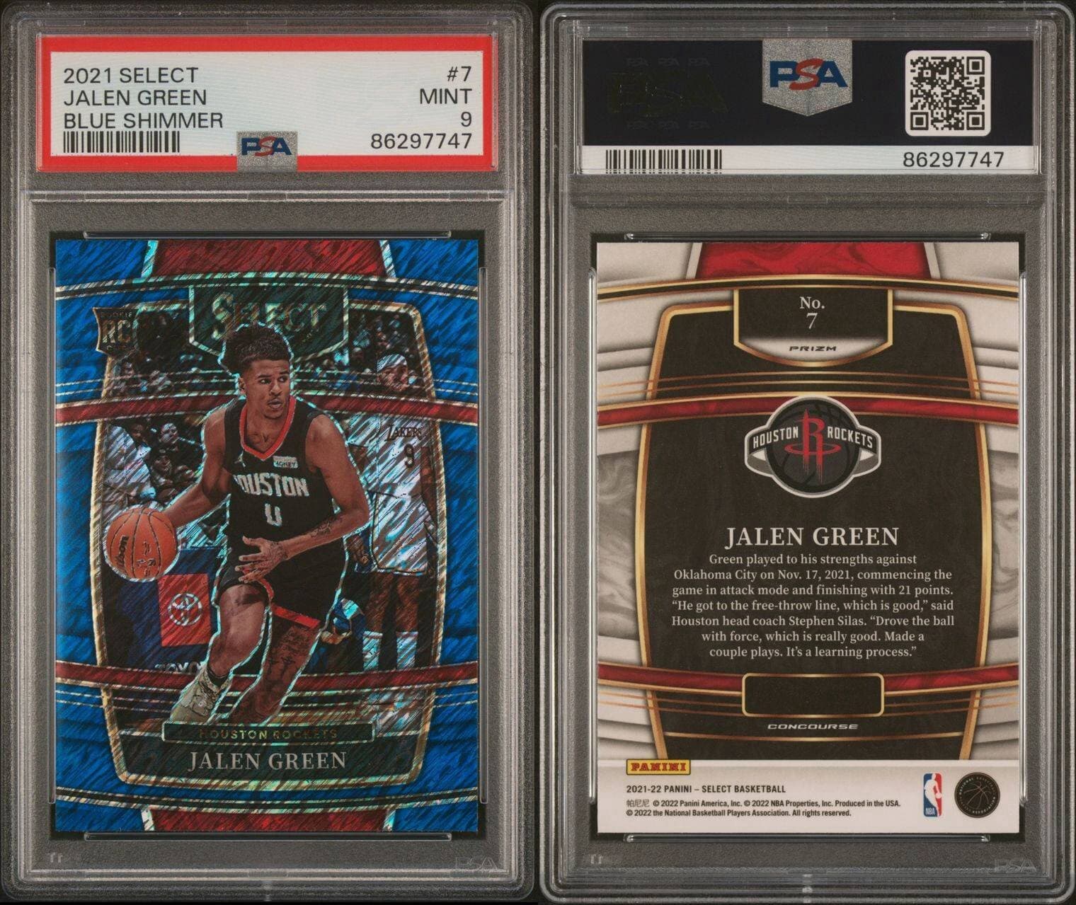 2021-22 Panini Select - Concourse Blue Shimmer Prizm #7 Jalen Green (RC). PSA 9.