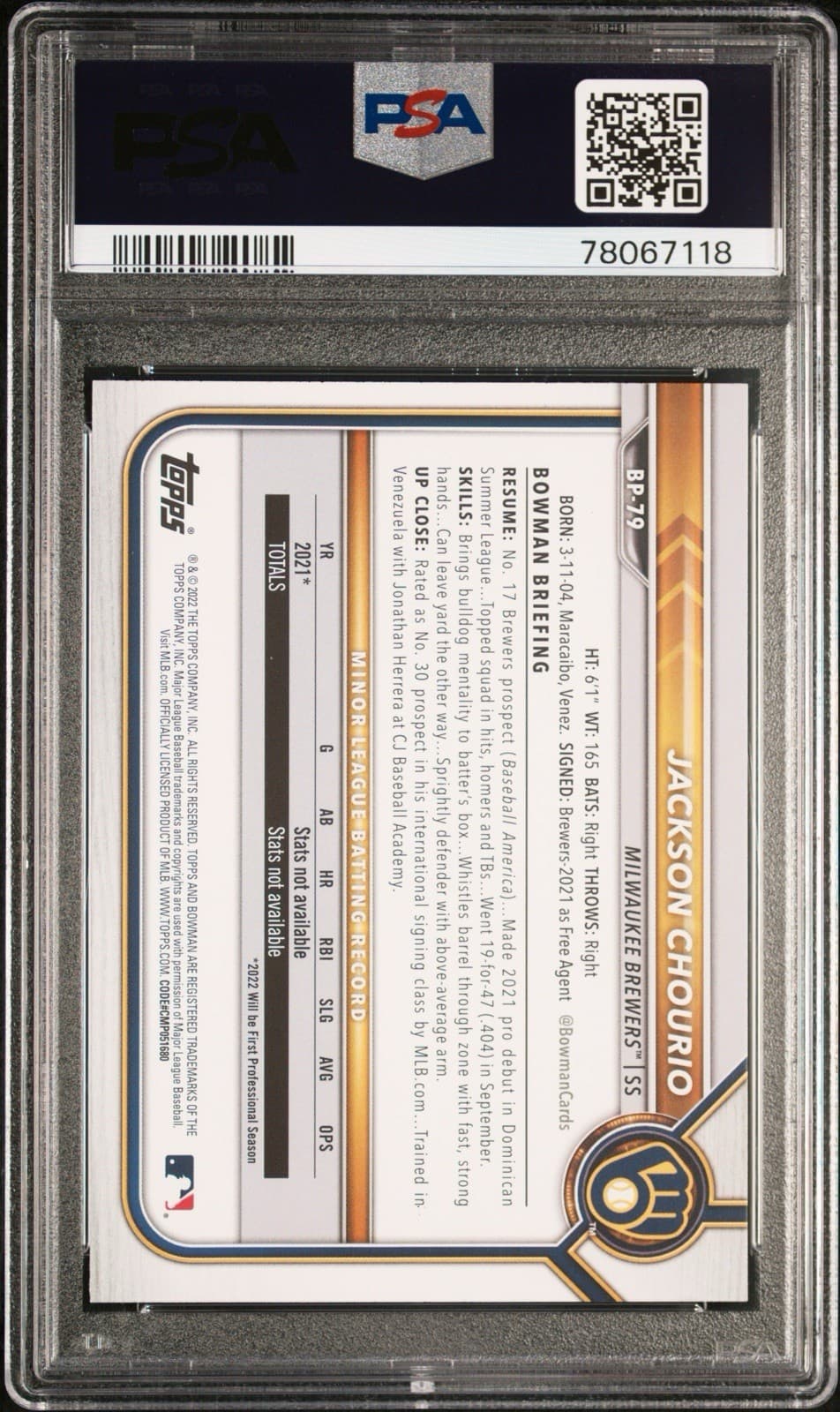 2022 Bowman Jackson Chourio Paper Prospects #BP-79 (RC). PSA 9.