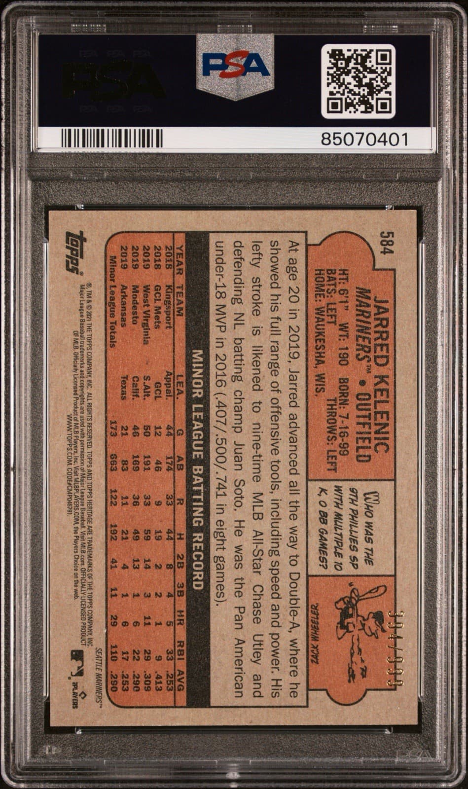 2021 Topps Heritage - Jarred Kelenic #584 Chrome /999 (RC). PSA 10. Pop 15!