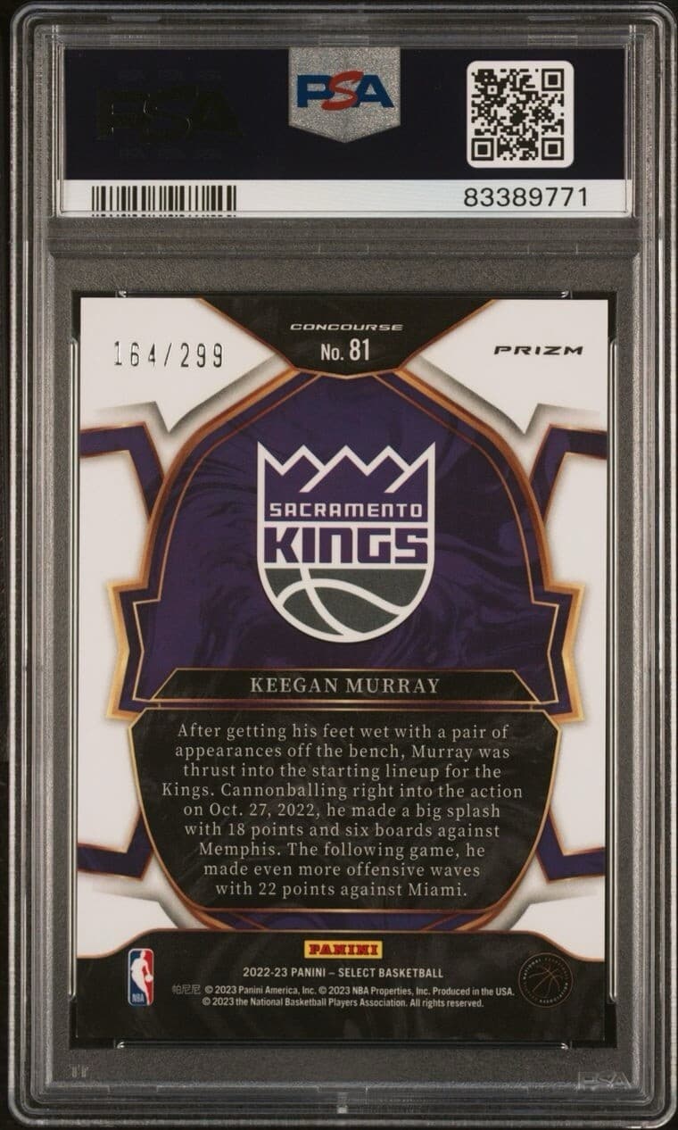 2022 Select Concourse Light Blue. #81 Keegan Murray /299 (RC). PSA 10. Pop 38. 