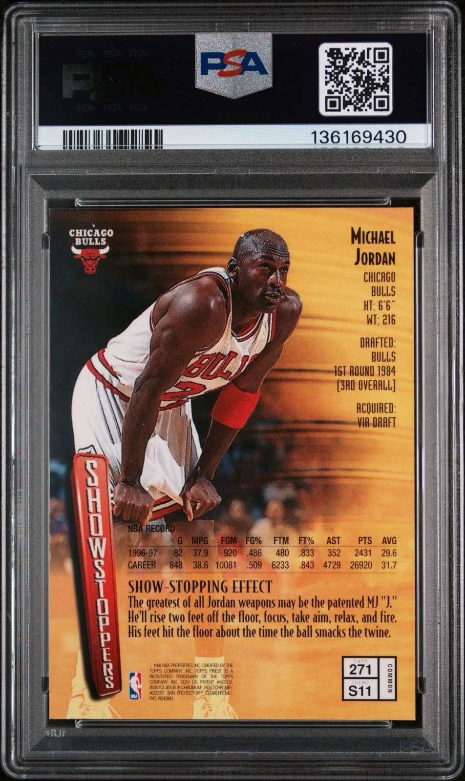 1997 Topps Finest Michael Jordan #271 w/Coating. PSA 8 NM-MT